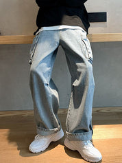 Men's Washed Pocket Patch Loose Jeans