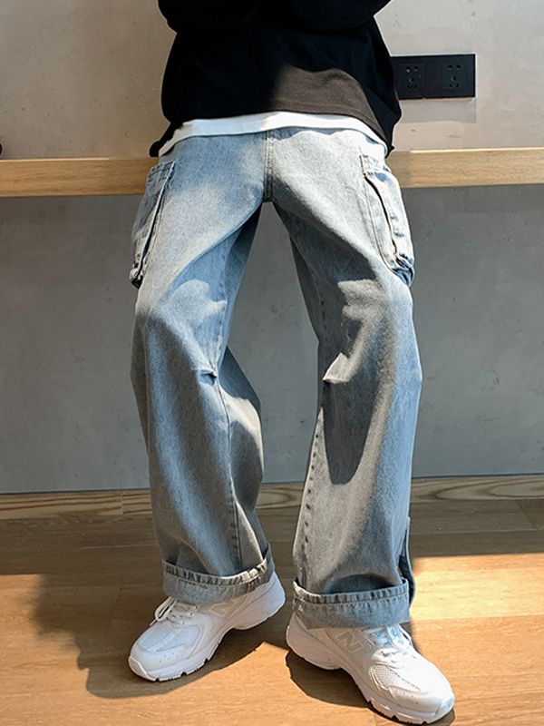 Men's Washed Pocket Patch Loose Jeans