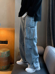 Men's Washed Pocket Patch Loose Jeans