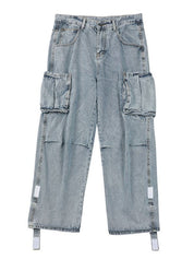 Men's Washed Pocket Patch Loose Jeans