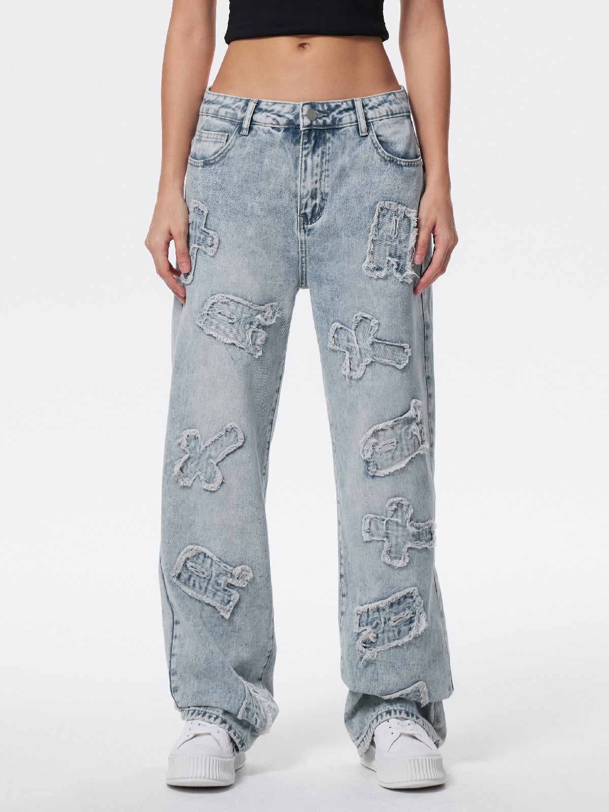 Letter Patch Faded Boyfriend Jeans