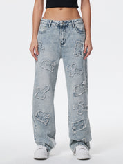 Letter Patch Faded Boyfriend Jeans