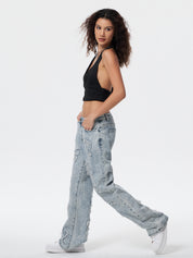 Letter Patch Faded Boyfriend Jeans