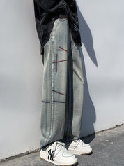 Men's Stitched Distressed Straight Leg Jeans