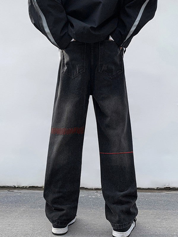 Men's Stitched Distressed Straight Leg Jeans