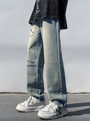 Men's Stitched Distressed Straight Leg Jeans