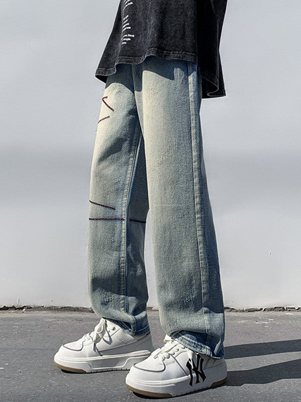 Men's Stitched Distressed Straight Leg Jeans
