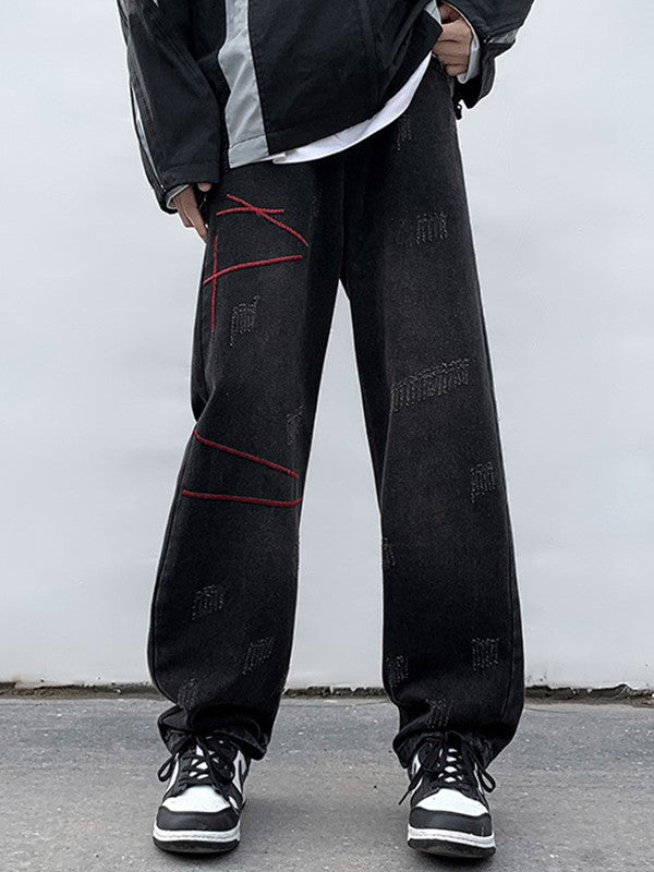 Men's Stitched Distressed Straight Leg Jeans