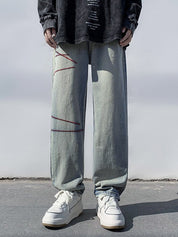 Men's Stitched Distressed Straight Leg Jeans