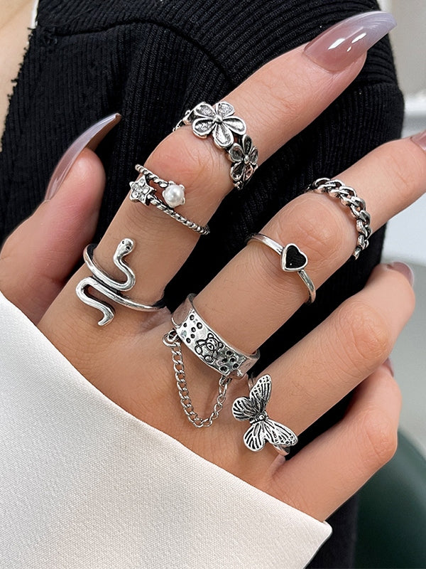 7pcs Silver Mixed Pattern Ring Set