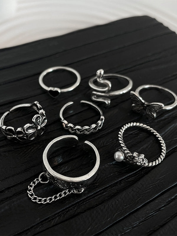 7pcs Silver Mixed Pattern Ring Set