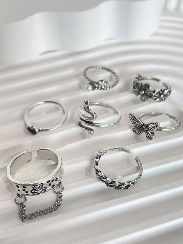 7pcs Silver Mixed Pattern Ring Set