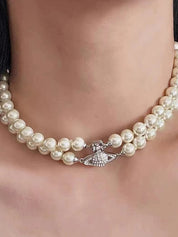 Rhinestone Charm Double Layered Faux Pearl Necklace