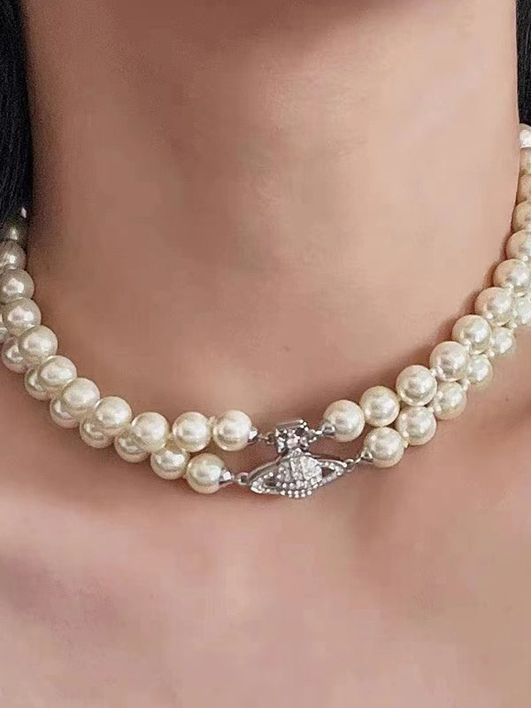 Rhinestone Charm Double Layered Faux Pearl Necklace