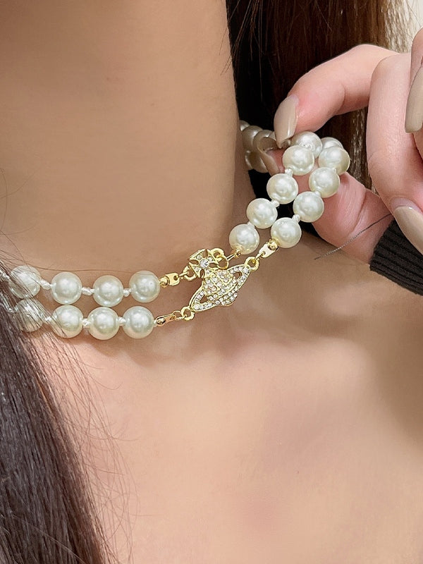 Rhinestone Charm Double Layered Faux Pearl Necklace