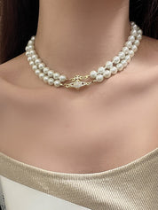 Rhinestone Charm Double Layered Faux Pearl Necklace