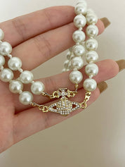 Rhinestone Charm Double Layered Faux Pearl Necklace