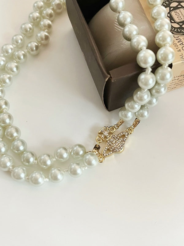 Rhinestone Charm Double Layered Faux Pearl Necklace