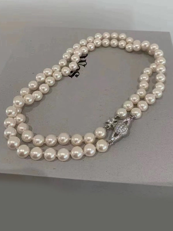 Rhinestone Charm Double Layered Faux Pearl Necklace