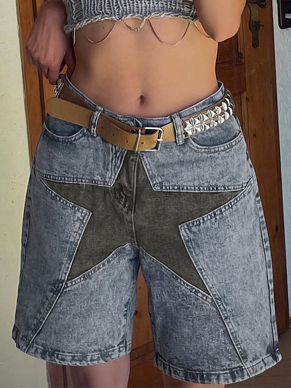 Five-Pointed Star Splicing Slim Ddenim Shorts