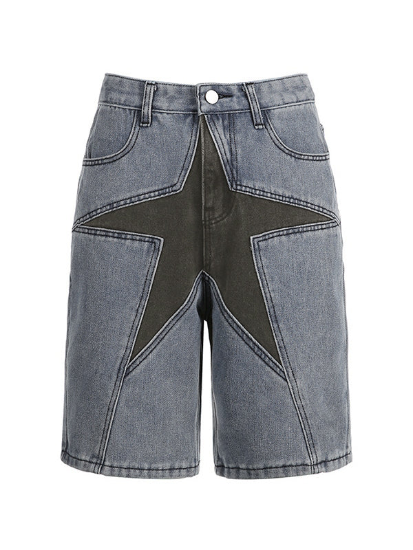 Five-Pointed Star Splicing Slim Ddenim Shorts