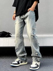 Men's Star Patch Distressed Loose Jeans