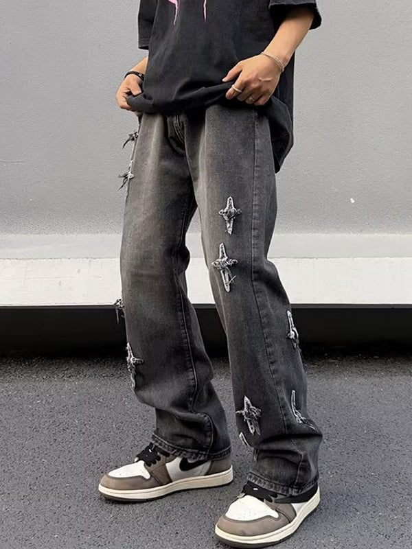 Men's Star Patch Distressed Loose Jeans