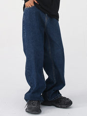 Men's Fit Semi-Elastic Waist Straight-Leg Loose Jeans