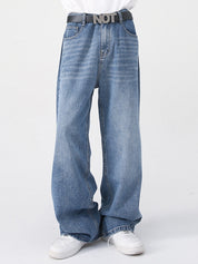 Men's Fit Semi-Elastic Waist Straight-Leg Loose Jeans
