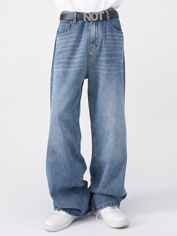 Men's Fit Semi-Elastic Waist Straight-Leg Loose Jeans