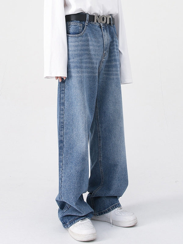 Men's Fit Semi-Elastic Waist Straight-Leg Loose Jeans