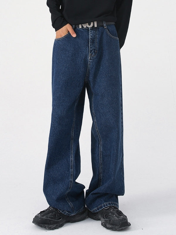 Men's Fit Semi-Elastic Waist Straight-Leg Loose Jeans