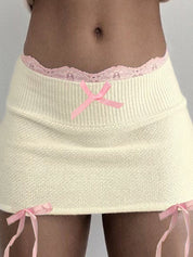 Lace-Up Contrasting Color Small Bow Knit Mini Skirts