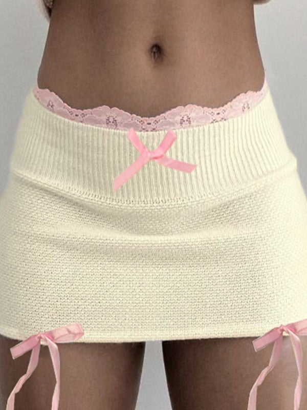 Lace-Up Contrasting Color Small Bow Knit Mini Skirts