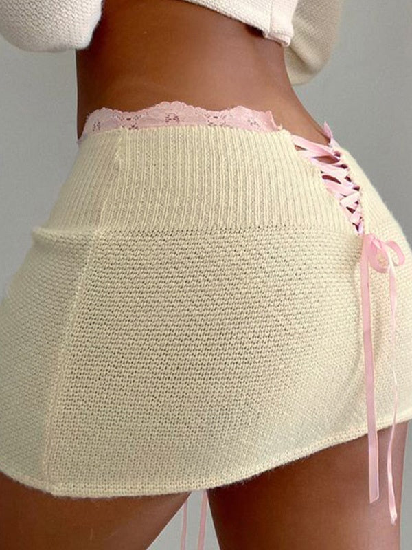 Lace-Up Contrasting Color Small Bow Knit Mini Skirts
