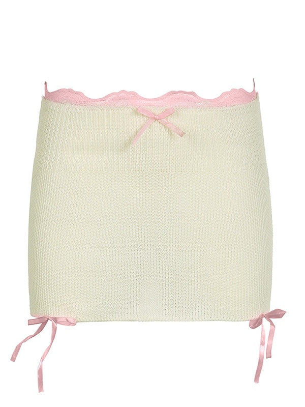 Lace-Up Contrasting Color Small Bow Knit Mini Skirts
