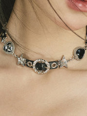 Heart Butterfly Pentagram Rhinestone Leather Necklace