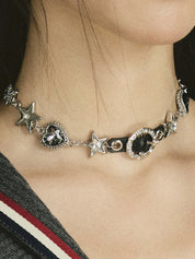 Heart Butterfly Pentagram Rhinestone Leather Necklace