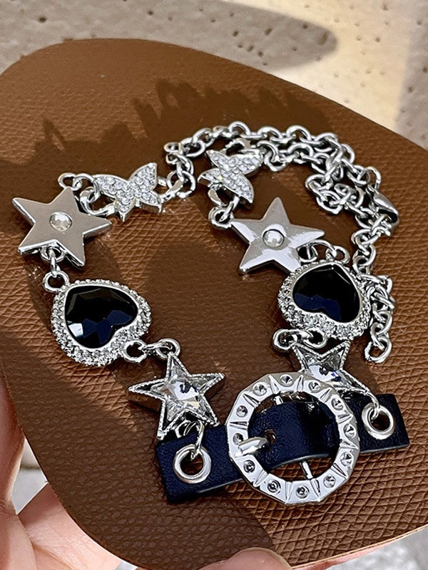 Heart Butterfly Pentagram Rhinestone Leather Necklace
