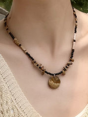 Wooden Disc Pendant Irregular Black Crystal Beaded Necklace