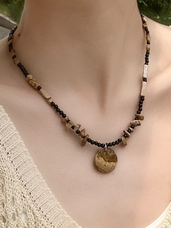 Wooden Disc Pendant Irregular Black Crystal Beaded Necklace