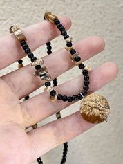 Wooden Disc Pendant Irregular Black Crystal Beaded Necklace