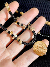 Wooden Disc Pendant Irregular Black Crystal Beaded Necklace