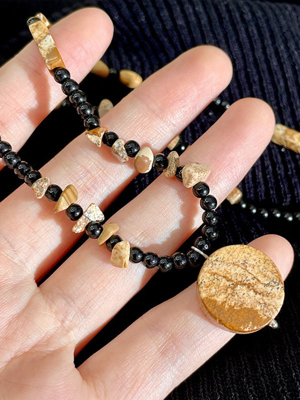 Wooden Disc Pendant Irregular Black Crystal Beaded Necklace