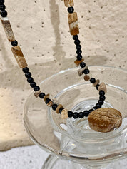 Wooden Disc Pendant Irregular Black Crystal Beaded Necklace