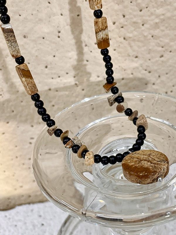 Wooden Disc Pendant Irregular Black Crystal Beaded Necklace