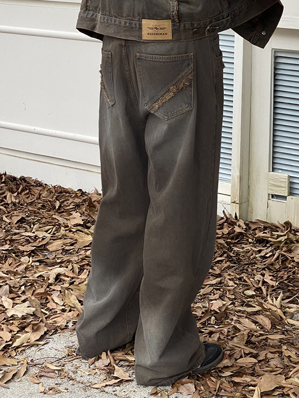 Men's Vintage Wash Raw Trim Loose Jeans
