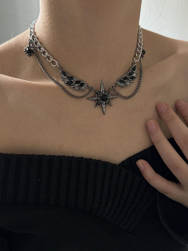Street Black Gem Wing Double Layered Necklace