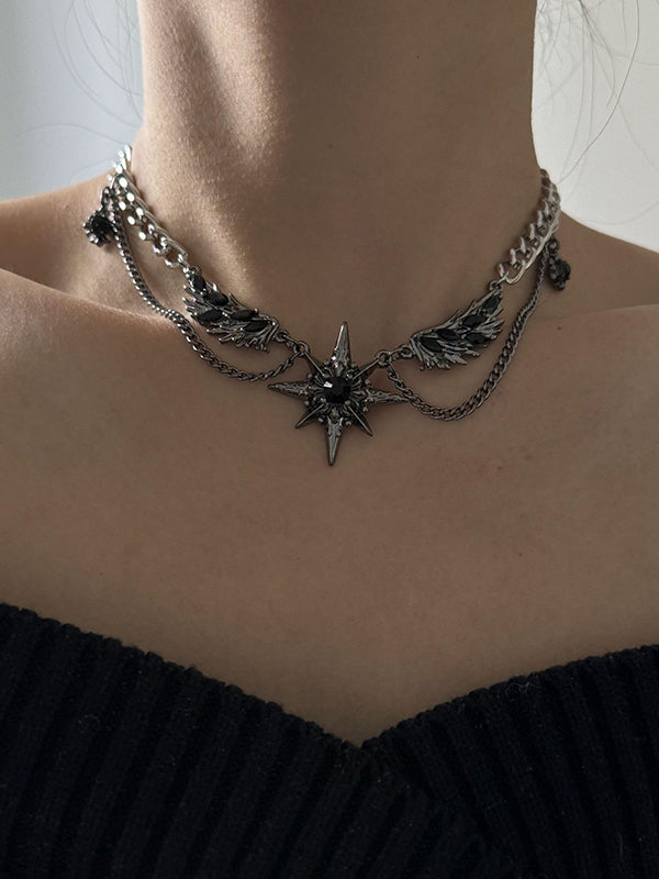 Street Black Gem Wing Double Layered Necklace