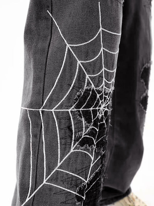 Men's Spider Web Embroidery Ripped Loose Jeans
